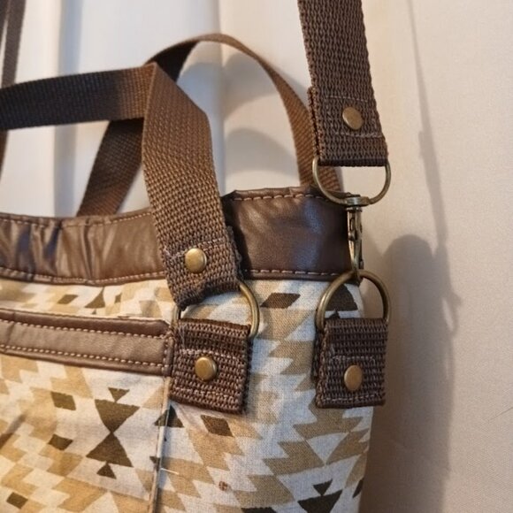 New Bucket Saddle Bag Purse Tote Brown Mustard Chevron Aztec print Pleather - Picture 5 of 10